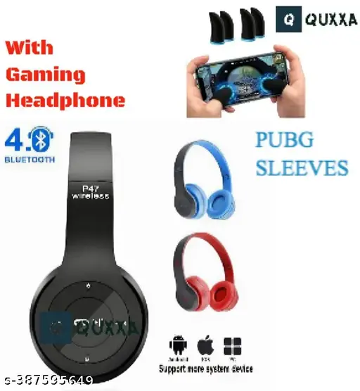 Quxxa P47 Wireless Headphones with Stereo Memory Card Support Bluetooth Headset Bluetooth & Wired Headset (Over the Ear) 2 PAIR(4 PCS) Thumb & Finger Sleeves for Mobile Gaming, Anti-Sweat | Breathable for PUBG BGMI | COD | FREEFIRE | FORTNITE Finger Gloves | Finger Cover for PUBG