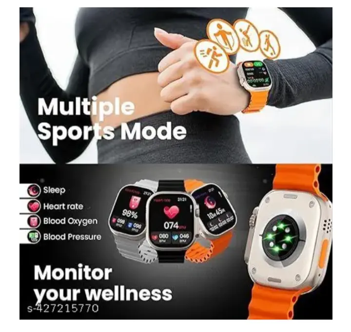 T800_Smart Watch Orange - colour, 1.99" HD Display, Bluetooth Calling, Fitness Tracker, Heart Rate & Blood Pressure Monitor, Sports Modes,Waterproof" Smart Watch