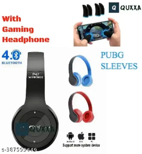 Quxxa P47 Wireless Headphones with Stereo Memory Card Support Bluetooth Headset Bluetooth & Wired Headset (Over the Ear) 2 PAIR(4 PCS) Thumb & Finger Sleeves for Mobile Gaming, Anti-Sweat | Breathable for PUBG BGMI | COD | FREEFIRE | FORTNITE Finger Gloves | Finger Cover for PUBG
